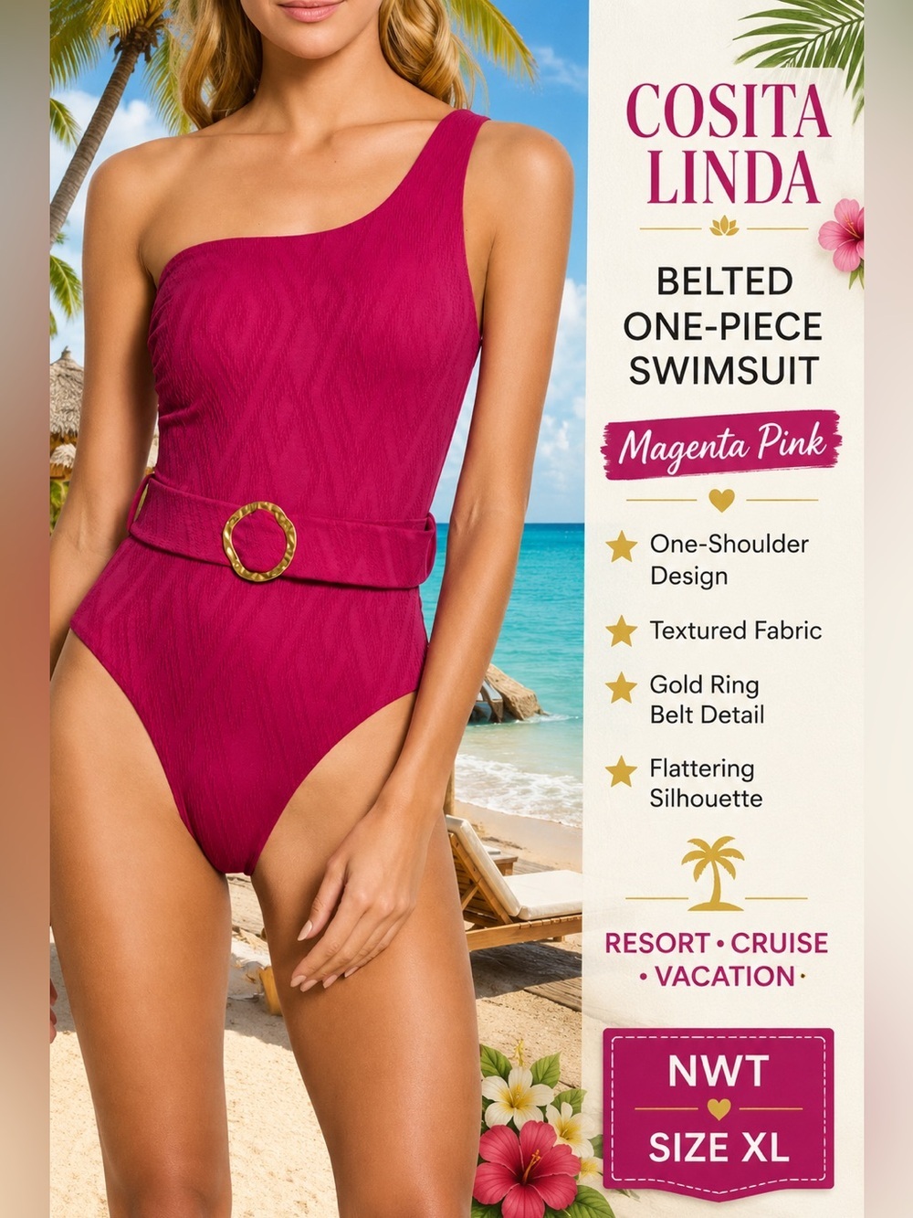 Cosita Linda Magenta Belted One Shoulder One Piece Swimsuit XL NWT Resort
